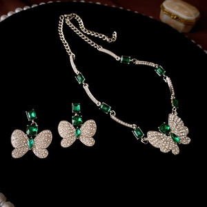 Butterfly Pendant Necklace And Earrings With Silver Earring Post Green Emerald Gemstone Rhinestone Vintage French Style For Women