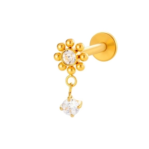 F136 titanium gold flower labret with zircon stones and a dangling round charm
