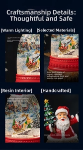 Detailed views of a Christmas music box with Santa sleigh, warm lights and resin figures