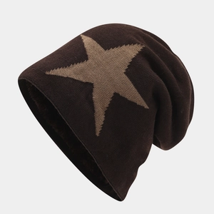 Dark brown knit star beanie with thick fleece lining for winter street fashion style