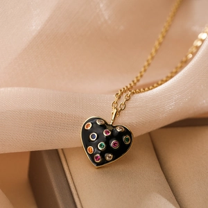 Bohemian gold-plated heart necklace with black enamel and colorful zircon stones
