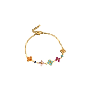Gold-plated floral bracelet featuring colorful zircon stones on a clean white background