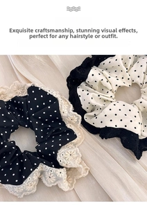 Close-up of retro polka dot scrunchies set with floral lace trim on soft fabric background