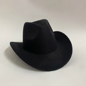 Detail view of the black wool felt cowboy hat featuring a classic curved brim and crown
