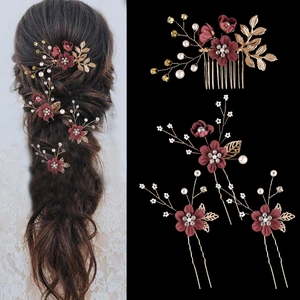 4pcs bridal hair accessory set with dark red flowers and gold leaves on black background