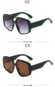 Detail of square oversized sunglasses C2 in green and C3 in black with thick temples