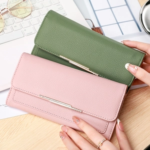 Chic trifold lychee pattern long wallets for women in green and pink leather