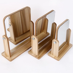 Rotating wooden desktop makeup mirrors in three sizes with adjustable natural wood frames