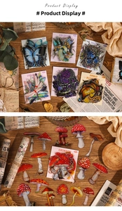 Detail of vintage nature-themed stickers with butterflies and mushrooms on wood