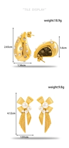Detail showing dimensions of bow and teardrop gold earrings with pearls and crystals