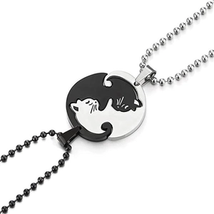 Yin Yang cat couple necklaces in black and silver steel on matching bead chains