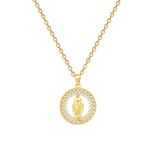 Golden Virgin Mary medallion necklace with sparkling zircon halo on O-chain