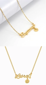 Detalle de collares de los signos Sagitario y Libra chapados en oro sobre fondo blanco