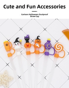 Detail of Halloween silicone straw covers featuring pumpkin, ghost and black cat designs
