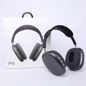 Deep gray P9 over-ear wireless headphones shown with their white retail packaging box
