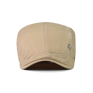 Classic khaki cotton flat cap with equestrian embroidery and metal side detail