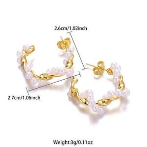 Detail view of gold twisted earrings with pearls and precise dimension measurements