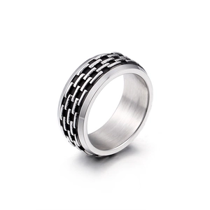 Industrial 304 stainless steel ring with woven texture and smooth silver finish