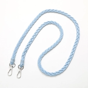 Light blue hand-woven crossbody phone strap with silver metal swivel hooks on white background