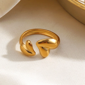 Minimalist 18K gold plated stainless steel open ring with dual 3D heart shapes