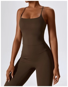 Close-up of dark brown sports yoga set featuring high-elasticity fabric and slim fit design