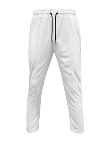 Detail of white casual sport pants with adjustable black drawstring and elastic waistband