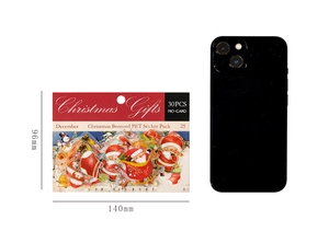 Comparaison de taille d'autocollants PET de Noël dorés avec smartphone et dimensions
