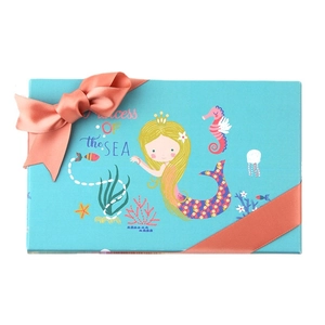 Blue mermaid gift box with Princess of the Sea illustration and pink ribbon bow