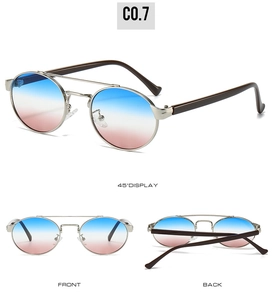 Three views of retro oval sunglasses with silver frames and blue-pink gradient lenses