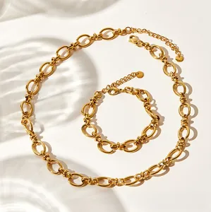Macro shot of gold-plated stainless steel chunky link chain necklace and bracelet set