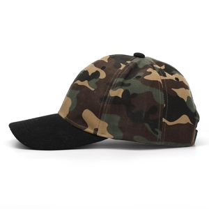 Fashionable camouflage baseball cap with black brim and woodland print design