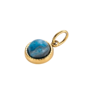Close-up of a blue round gemstone pendant with a golden rope textured metal base