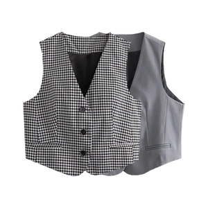 Gilet court pour femmes à col en V, motif pied-de-poule et gris avec trois boutons chic