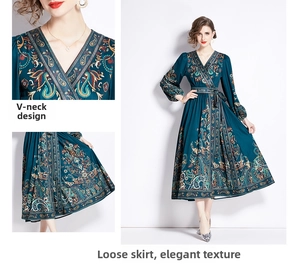 Detail of V-neckline and bohemian paisley print on a teal long-sleeved midi dress