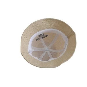 Kids beige bear embossed bucket hat with windproof rope and printed lining for autumn