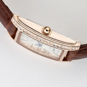 Retro rectangular rose gold watch with crystal side inlay and brown leather strap