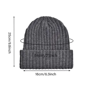 Grey ribbed knit beanie hat for men and women with size dimensions 25x16 cm