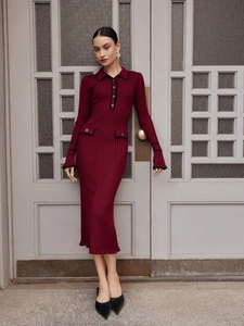 Knit Midi Dress Long Sleeve Ribbed Contrast Trim Polo Collar Slim Fit Elegant Burgundy Women