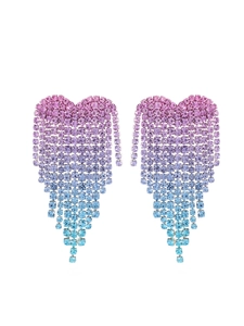 Detail view of long tassel heart earrings with gradient pink and purple rhinestones