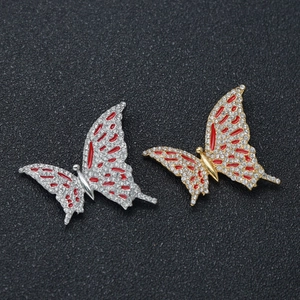 Hip hop butterfly pendant necklace with red enamel and full diamonds in gold and silver