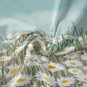 Detailed close-up showing soft texture and daisy floral print on bohemian fabric