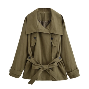 Women Army Green Sailor Collar Belted Trench Jacket Zip Up Twill Casual Outerwear