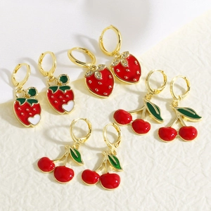 Fruit Strawberry Cherry Dangle Hoop Earrings Enamel Gold Plated Copper Earring Post Jewelry Sweet Cute Fresh Summer Women