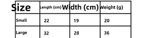 Size guide table for woven mesh beach bags showing dimensions and weight for small and large sizes