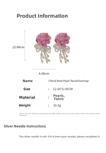 Detailed view of pink fabric floral earrings with long pearl tassel bow measuring 12x6 cm