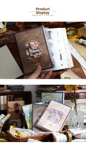 Detail of vintage sticker storage books with transparent PVC pockets for journals