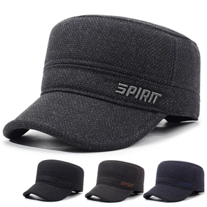 Cotton Warm Cadet Cap For Men Winter Windproof Flat Top Hat With Ear Protection Embroidery Spirit Pattern For Elderly Father