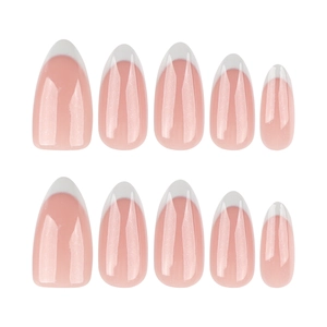 French white tip almond press-on nails with pink glitter base in a 10-piece set