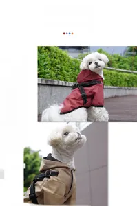 Detail view of small dog waterproof raincoat featuring integrated harness and buckle
