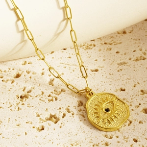Gold stainless steel paperclip chain necklace with irregular evil eye pendant charm